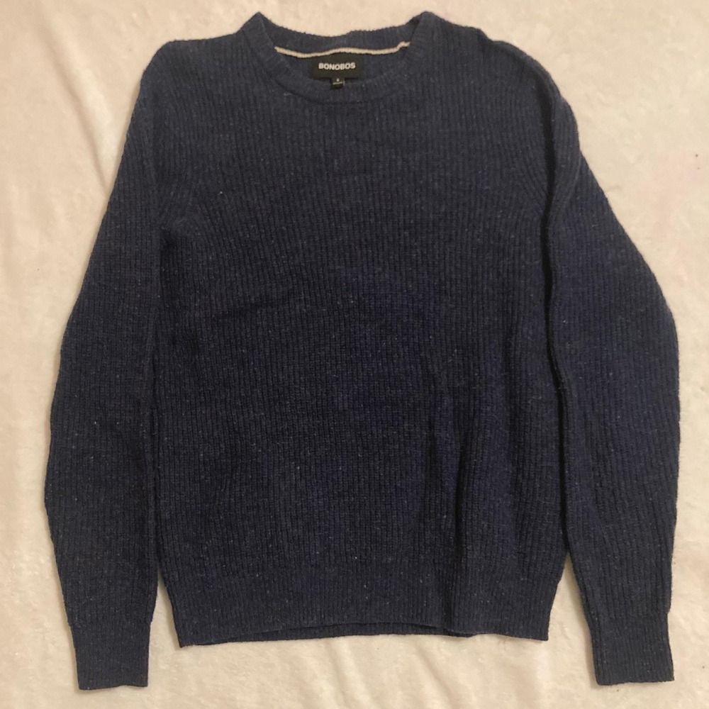 Bonobos Sweater Mens S Navy Blue 100% Extrafine Merino Wool Donegal Ribbed Knit